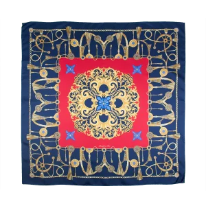 foulard in seta blu navy con centro rosso e decorazioni dorate steso aperto