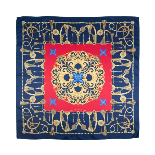 foulard in seta blu navy con centro rosso e decorazioni dorate steso aperto