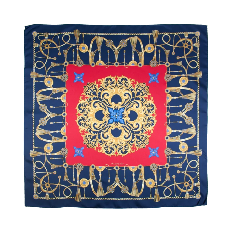 foulard in seta blu navy con centro rosso e decorazioni dorate steso aperto
