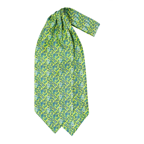 Ascot da uomo a doppia pala in seta twill verde lime con fantasia paisley blu, azzurra e verde