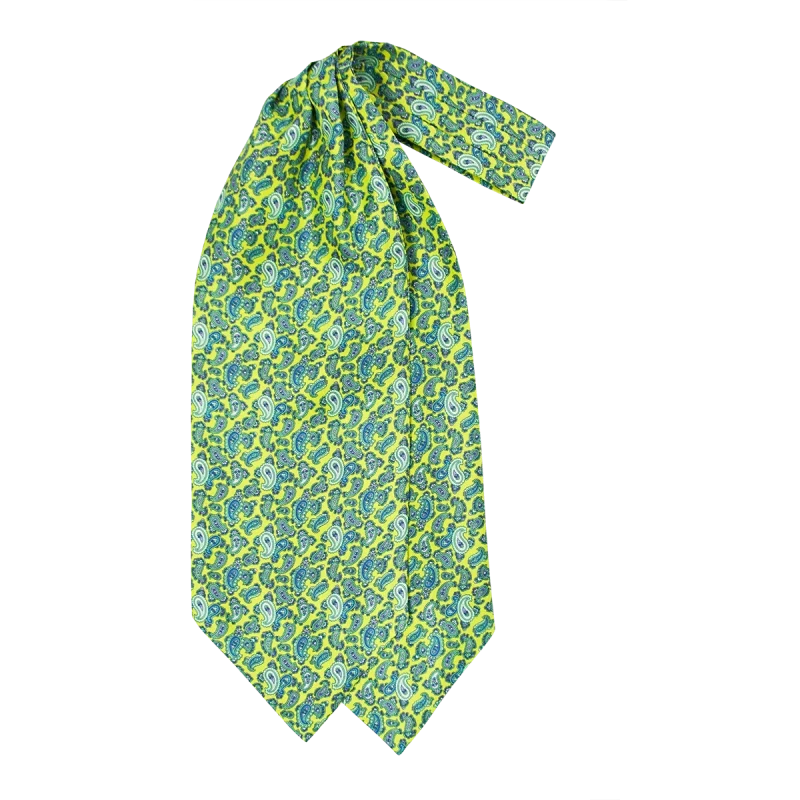 Ascot da uomo a doppia pala in seta twill verde lime con fantasia paisley blu, azzurra e verde
