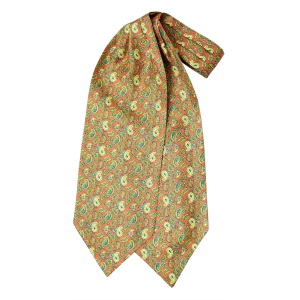 Ascot da uomo a doppia pala in seta twill arancione con fantasia paisley verde blu e gialla