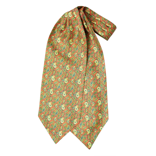 Ascot da uomo a doppia pala in seta twill arancione con fantasia paisley verde blu e gialla