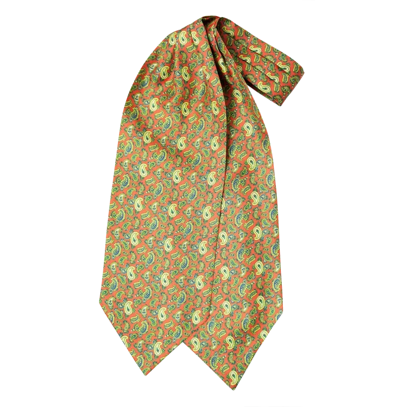 Ascot da uomo a doppia pala in seta twill arancione con fantasia paisley verde blu e gialla