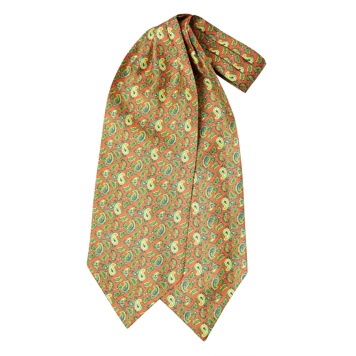 Ascot da uomo a doppia pala in seta twill arancione con fantasia paisley verde blu e gialla