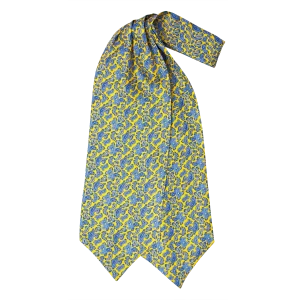 Ascot da uomo a doppia pala in seta twill gialla con fantasia paisley blu e azzurra