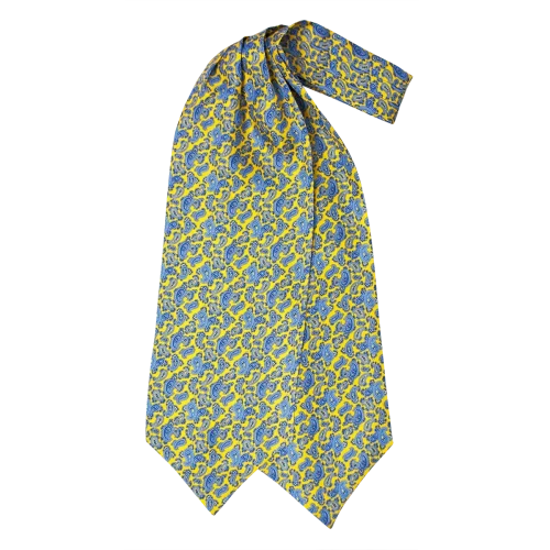 Ascot da uomo a doppia pala in seta twill gialla con fantasia paisley blu e azzurra