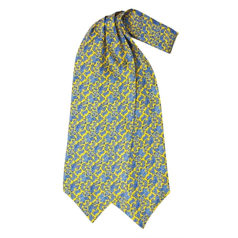 Ascot da uomo a doppia pala in seta twill gialla con fantasia paisley blu e azzurra