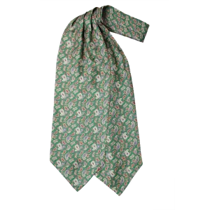 Ascot da uomo a doppia pala in seta twill verde con fantasia paisley nelle tonalità del blu, azzurro, rosso e beige