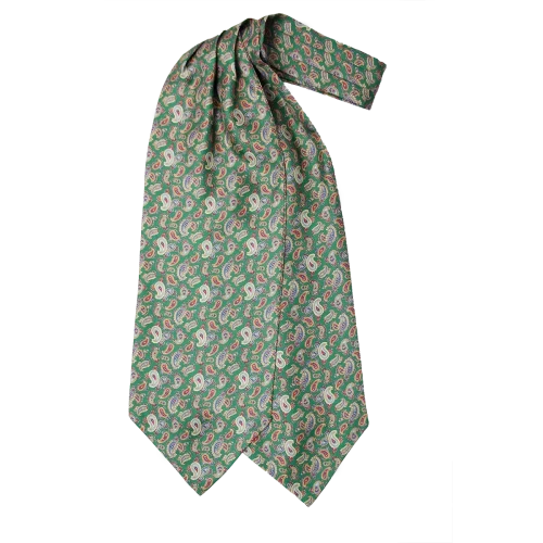 Ascot da uomo a doppia pala in seta twill verde con fantasia paisley nelle tonalità del blu, azzurro, rosso e beige