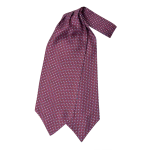 Ascot uomo a doppia pala in seta twill bordeaux con piccoli motivi geometrici azzurri blu e bianchi
