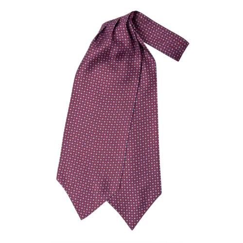 Ascot uomo a doppia pala in seta twill bordeaux con piccoli motivi geometrici azzurri blu e bianchi