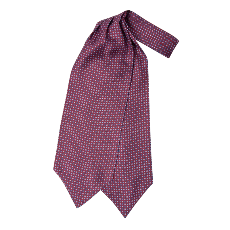 Ascot uomo a doppia pala in seta twill bordeaux con piccoli motivi geometrici azzurri blu e bianchi