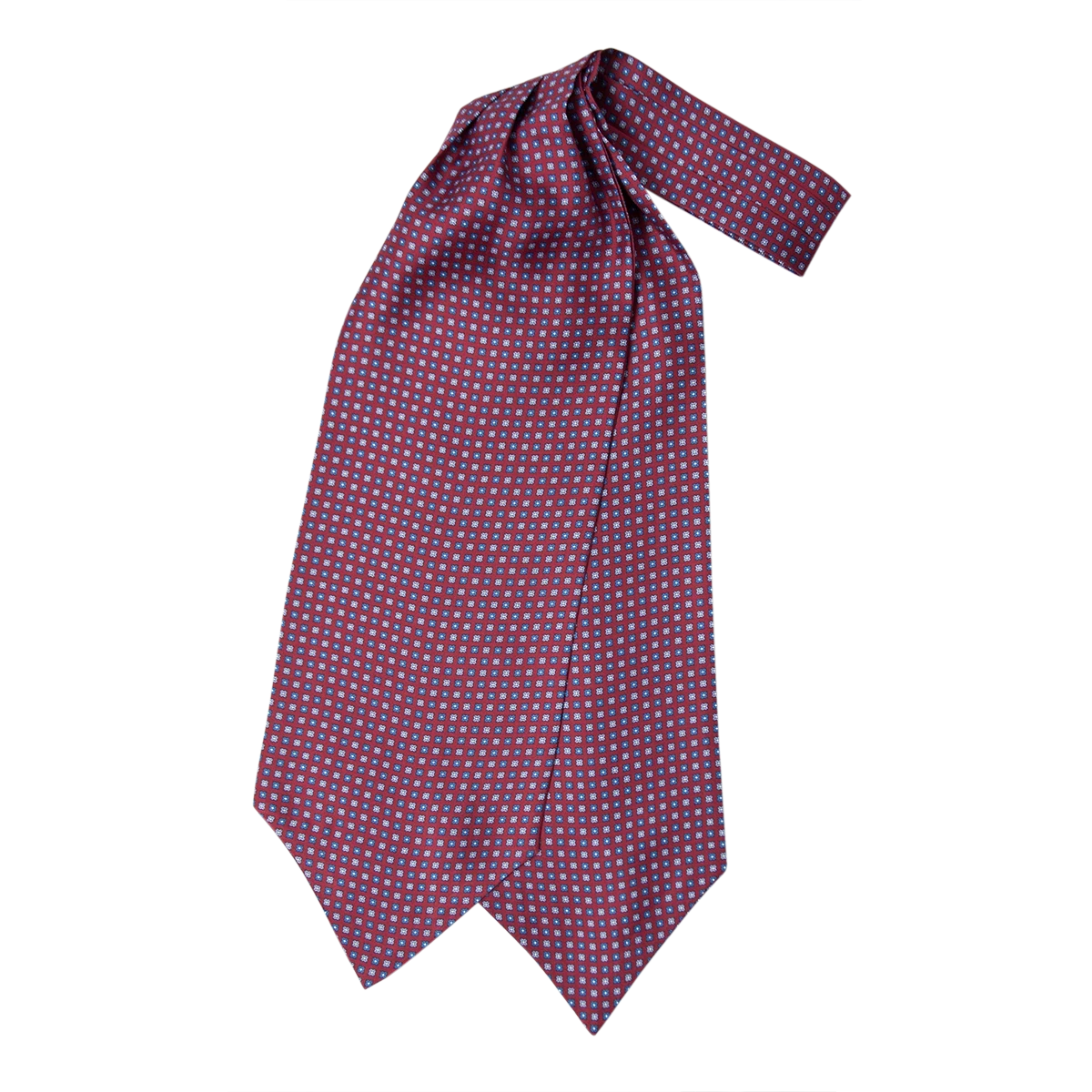 Ascot uomo a doppia pala in seta twill bordeaux con piccoli motivi geometrici azzurri blu e bianchi