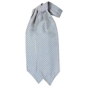 Ascot uomo a doppia pala in seta twill grigio perla con fantasia geometrica a piccoli quadrati blu cobalto e blu navy