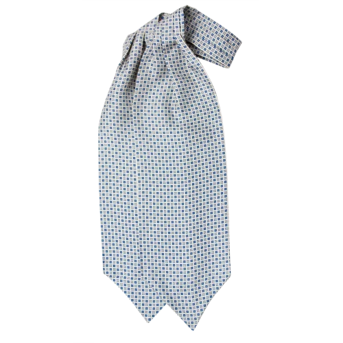 Ascot uomo a doppia pala in seta twill grigio perla con fantasia geometrica a piccoli quadrati blu cobalto e blu navy