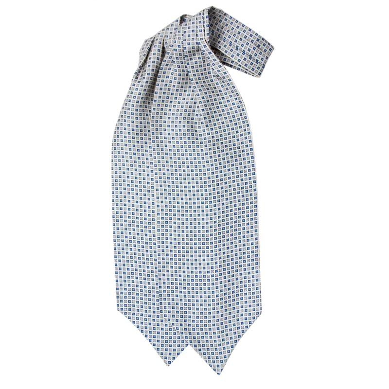 Ascot uomo a doppia pala in seta twill grigio perla con fantasia geometrica a piccoli quadrati blu cobalto e blu navy