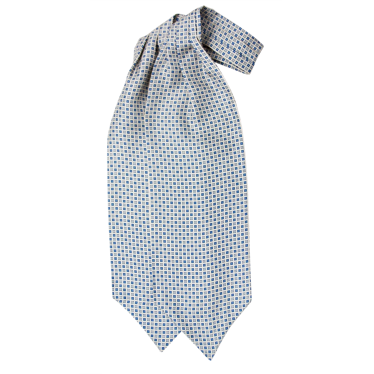 Ascot uomo a doppia pala in seta twill grigio perla con fantasia geometrica a piccoli quadrati blu cobalto e blu navy