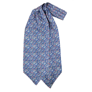 Ascot da uomo a doppia pala in seta twill blu medio con fantasia paisley blu, bianca e ross