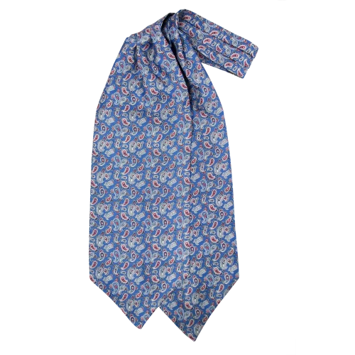 Ascot da uomo a doppia pala in seta twill blu medio con fantasia paisley blu, bianca e ross
