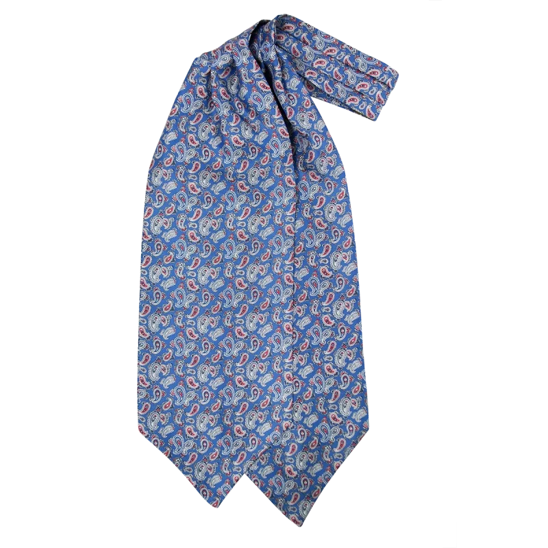 Ascot da uomo a doppia pala in seta twill blu medio con fantasia paisley blu, bianca e ross