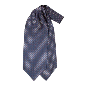 Ascot uomo a doppia pala in seta twill blu navy con piccoli motivi geometrici quadrati rossi e giallo oro
