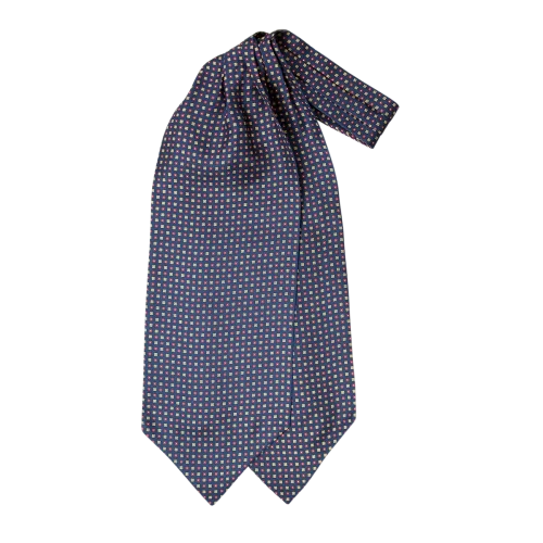 Ascot uomo a doppia pala in seta twill blu navy con piccoli motivi geometrici quadrati rossi e giallo oro