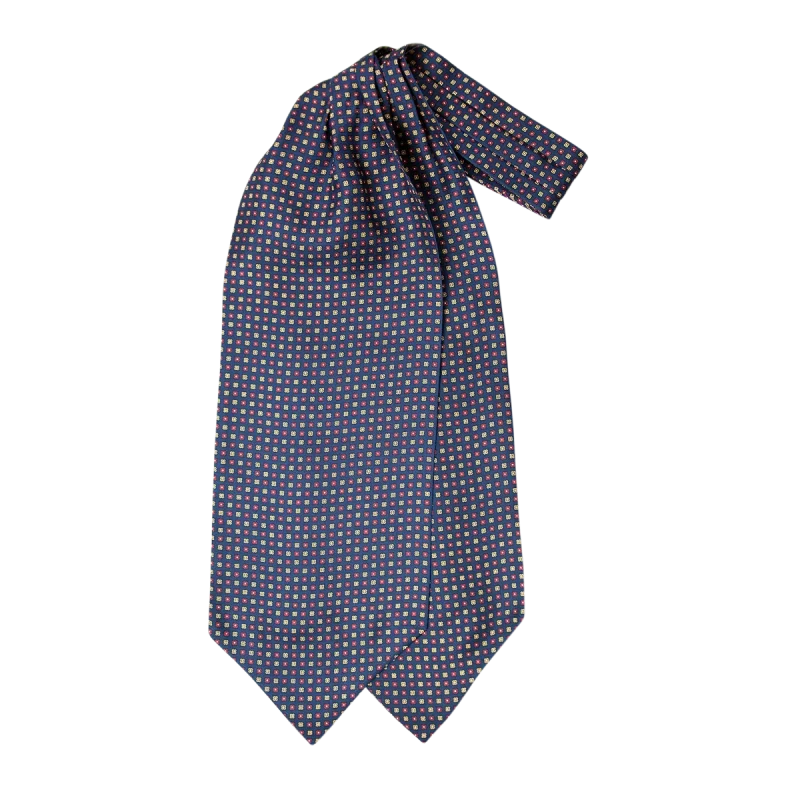 Ascot uomo a doppia pala in seta twill blu navy con piccoli motivi geometrici quadrati rossi e giallo oro