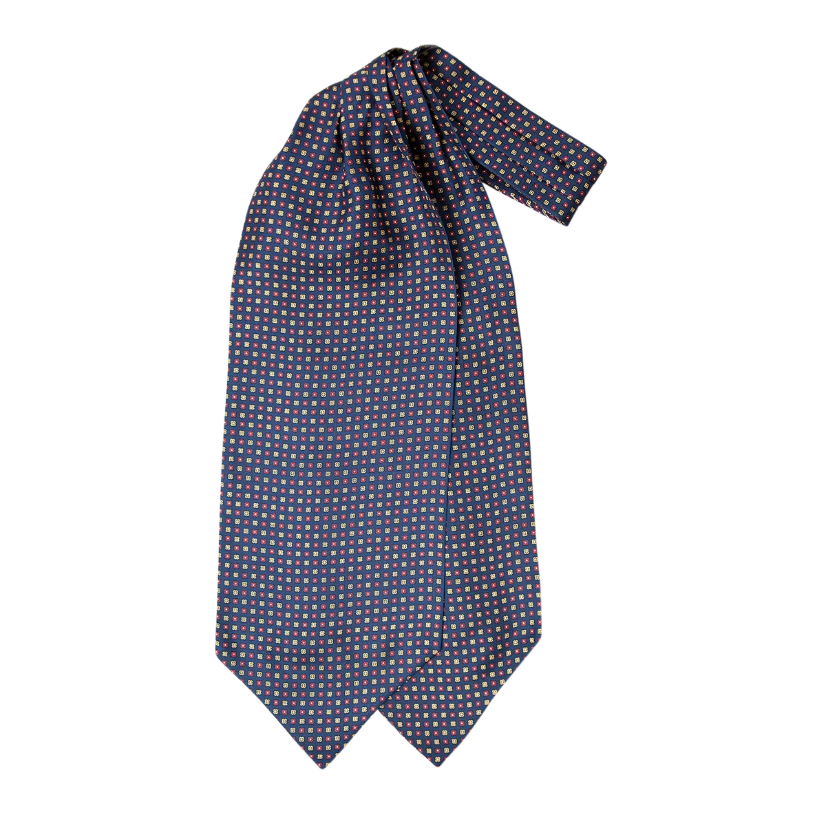 Ascot uomo a doppia pala in seta twill blu navy con piccoli motivi geometrici quadrati rossi e giallo oro
