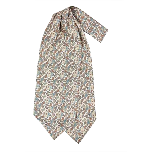 Ascot da uomo a doppia pala in seta twill beige chiaro con fantasia paisley azzurra, blu e ruggine