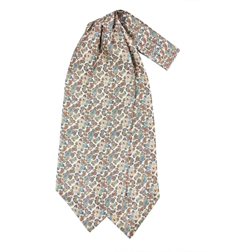 Ascot da uomo a doppia pala in seta twill beige chiaro con fantasia paisley azzurra, blu e ruggine