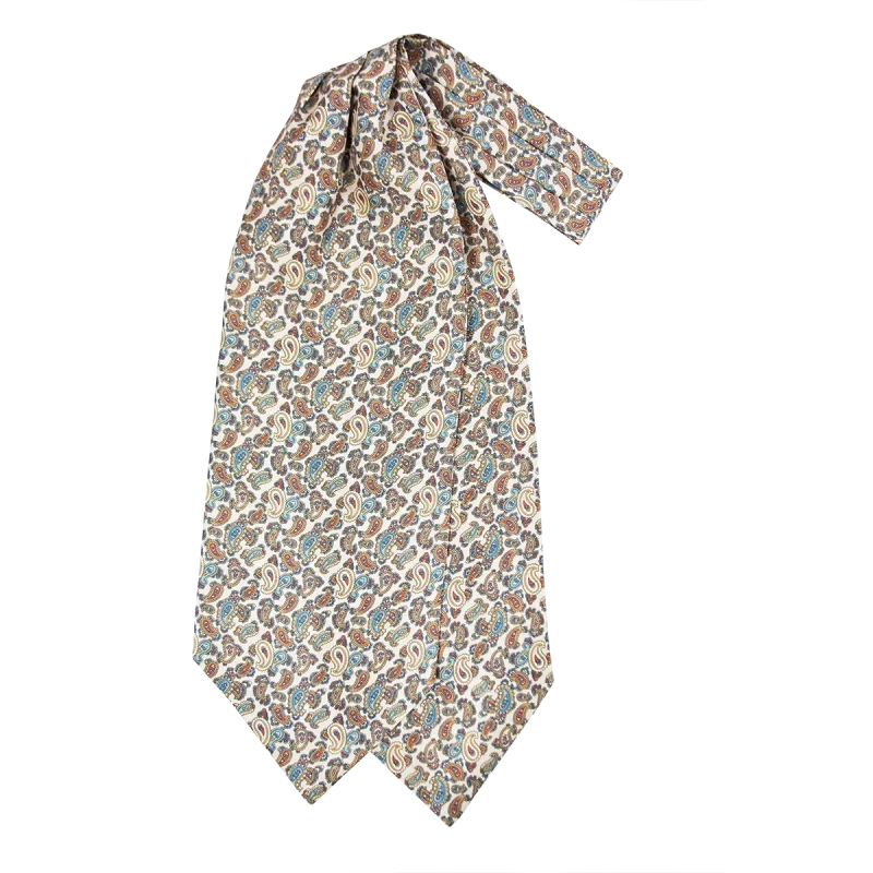 Ascot da uomo a doppia pala in seta twill beige chiaro con fantasia paisley azzurra, blu e ruggine