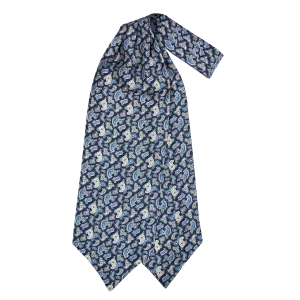 Ascot da uomo a doppia pala in seta twill blu scuro con fantasia paisley azzurra, blu e beige chiaro