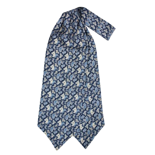 Ascot da uomo a doppia pala in seta twill blu scuro con fantasia paisley azzurra, blu e beige chiaro