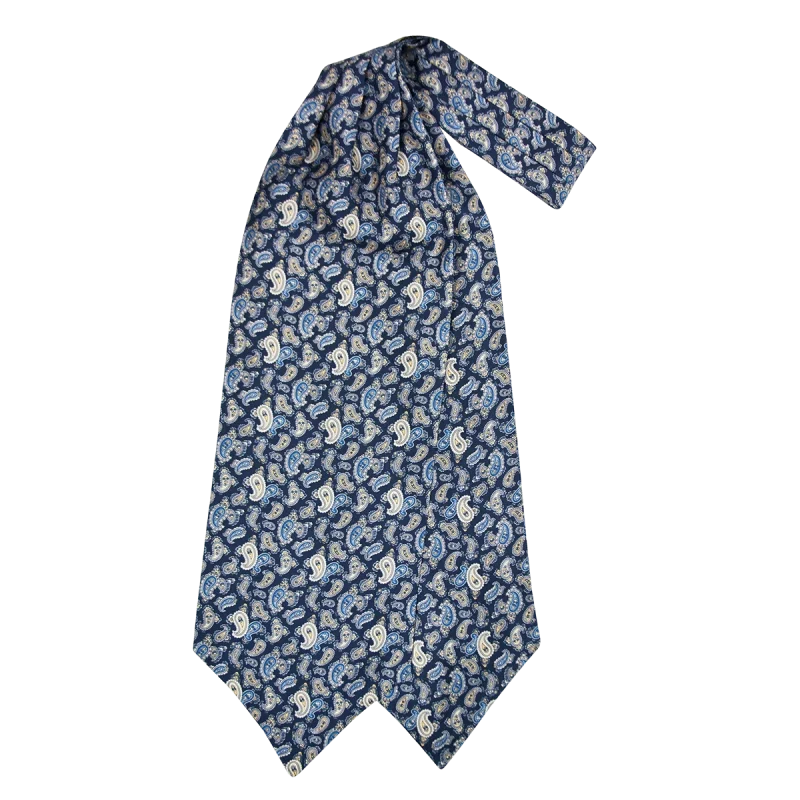 Ascot da uomo a doppia pala in seta twill blu scuro con fantasia paisley azzurra, blu e beige chiaro