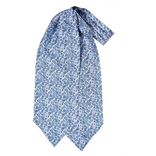 Ascot da uomo a doppia pala in seta twill azzurro chiaro con fantasia paisley nelle tonalità del blu e del bianco