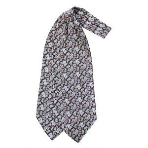 Ascot da uomo a doppia pala in seta twill blu scuro con fantasia paisley azzurra, rossa e crema