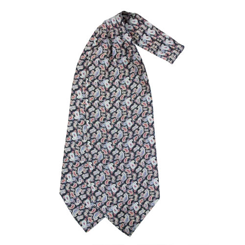 Ascot da uomo a doppia pala in seta twill blu scuro con fantasia paisley azzurra, rossa e crema