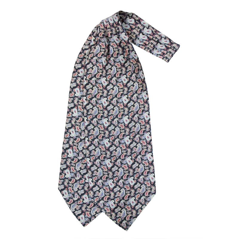 Ascot da uomo a doppia pala in seta twill blu scuro con fantasia paisley azzurra, rossa e crema