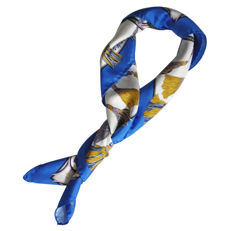 Carré in Seta Blu Royal con Nappine Oro FCB09 carré in seta annodato blu royal con fantasia nappine oro e blu
