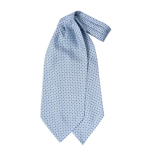 Ascot uomo a doppia pala in seta twill bianca con piccoli motivi geometrici quadrati blu navy e azzurri