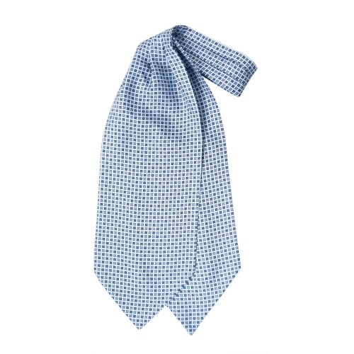 Ascot uomo a doppia pala in seta twill bianca con piccoli motivi geometrici quadrati blu navy e azzurri