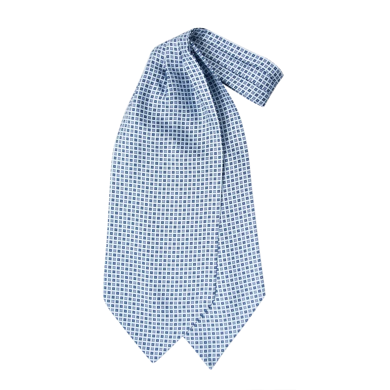 Ascot uomo a doppia pala in seta twill bianca con piccoli motivi geometrici quadrati blu navy e azzurri