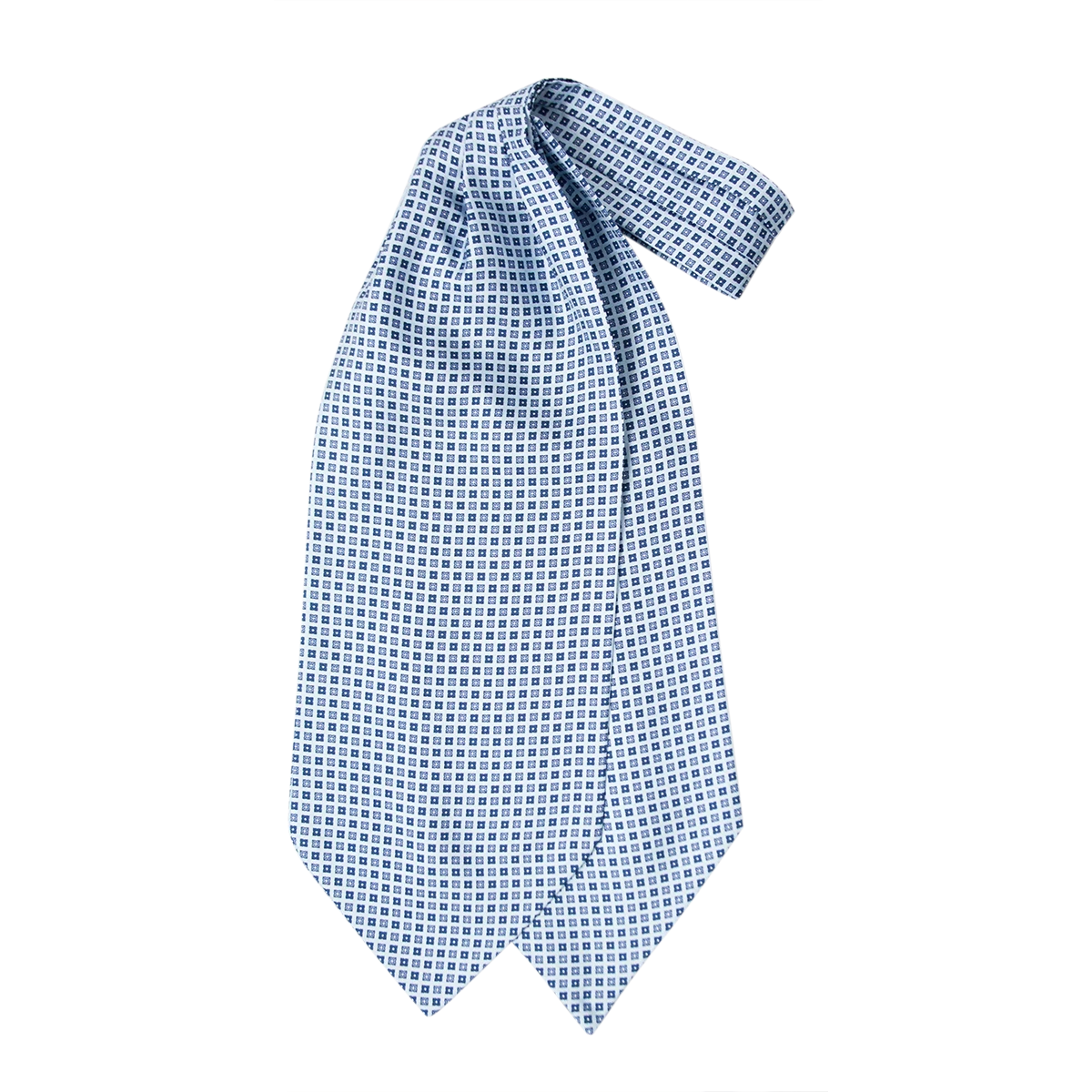 Ascot uomo a doppia pala in seta twill bianca con piccoli motivi geometrici quadrati blu navy e azzurri