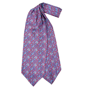 Ascot da uomo a doppia pala in seta twill rossa con fantasia paisley nelle tonalità del blu, azzurro e beige