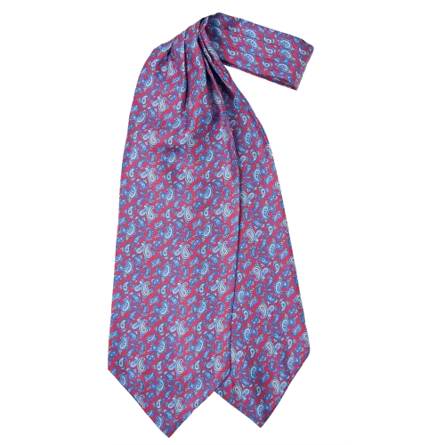 Ascot da uomo a doppia pala in seta twill rossa con fantasia paisley nelle tonalità del blu, azzurro e beige
