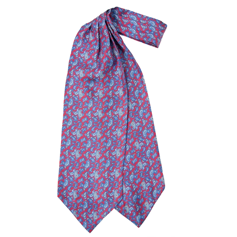 Ascot da uomo a doppia pala in seta twill rossa con fantasia paisley nelle tonalità del blu, azzurro e beige
