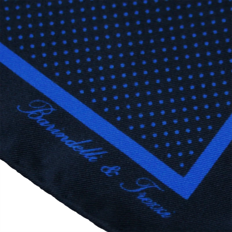 Dettaglio fantasia pois su pochette da taschino in seta twill blu navy e azzurra