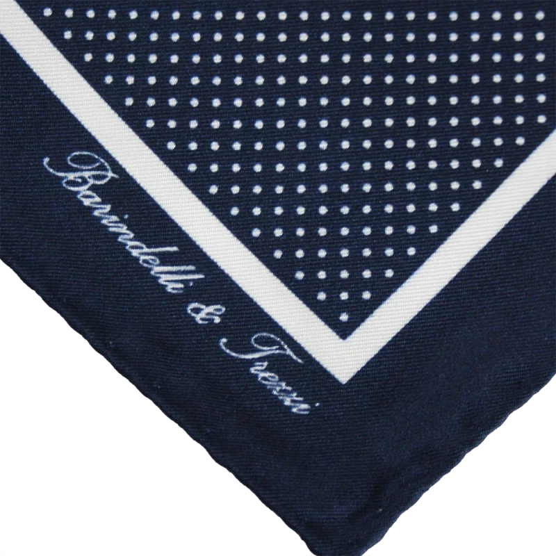 Dettaglio fantasia pois su pochette da taschino in seta twill blu navy e bianca