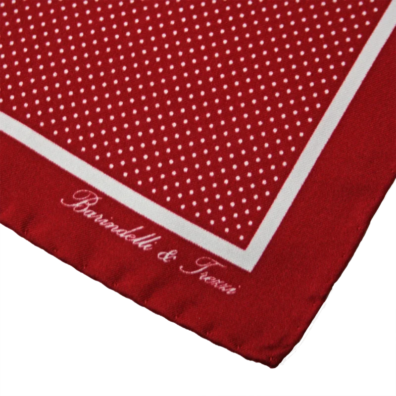 Dettaglio fantasia pois su pochette da taschino in seta twill rossa e bianca